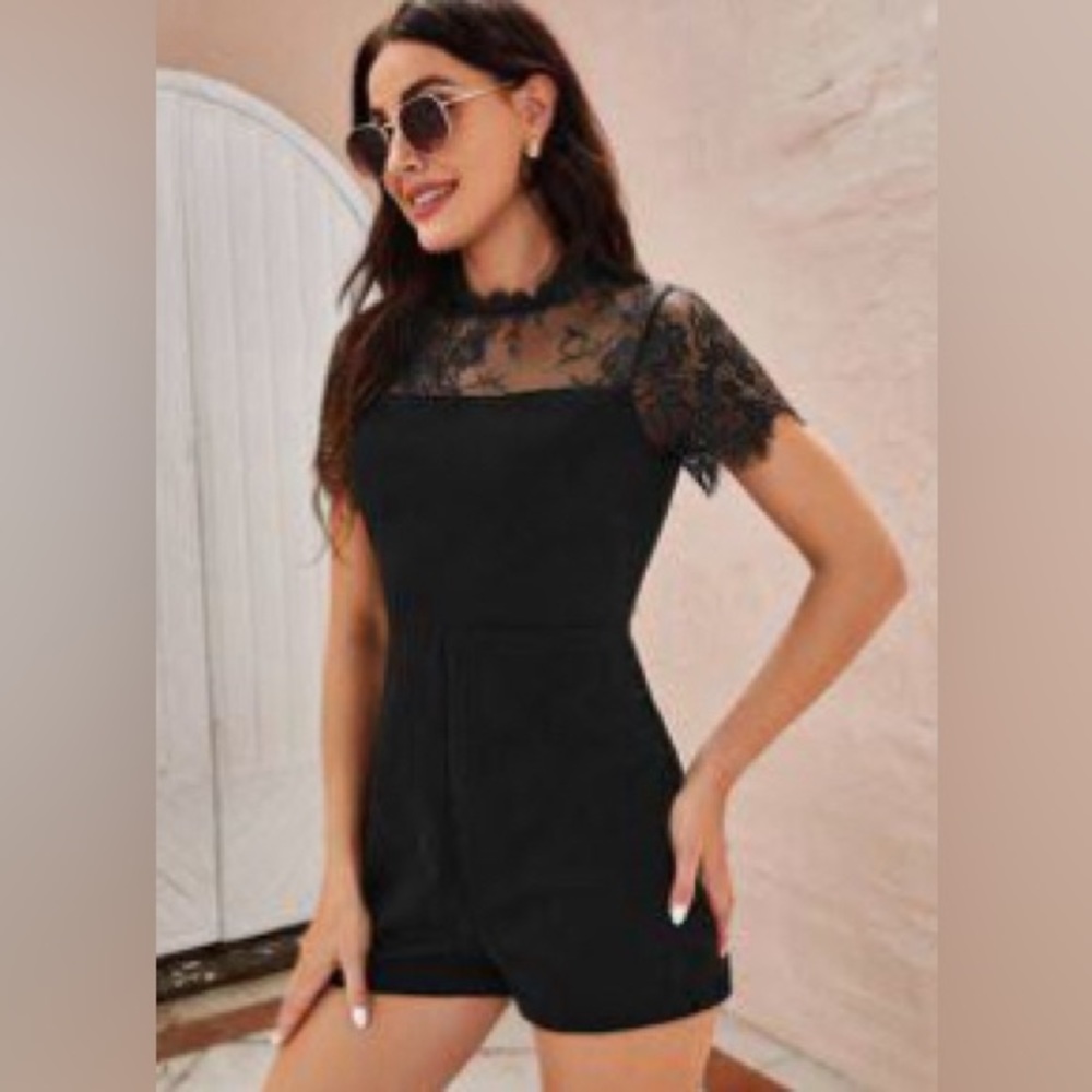 Black Contrast Lace Scallop Detail Romper
